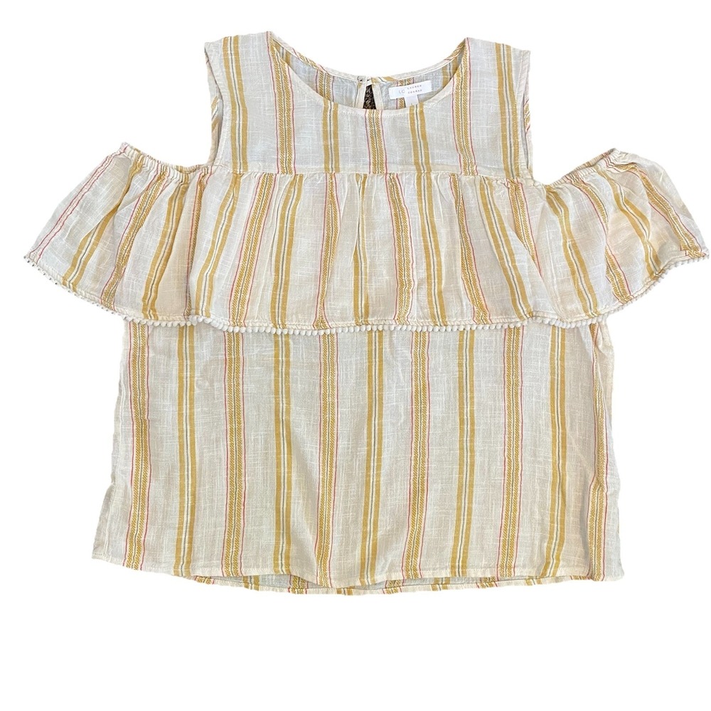 Lauren Conrad Women L Top Cold Shoulder 100% Cotton‎ Striped Beige Pom-Pom Trim